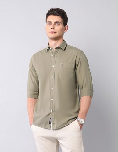 Image of U.S. Polo ASSN. Solid Slim Fit Shirts for Men - 100% Cotton, Full Sleeve Mens Casual Shirts