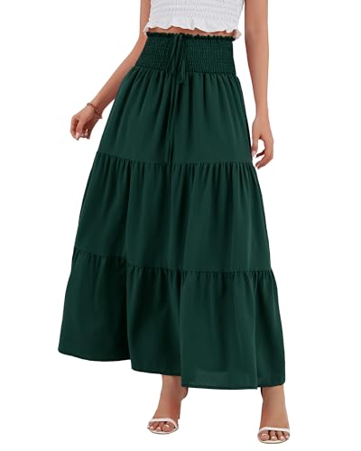 Image of TRIWORKS Green Womens Midi Skirts,Elegant High Waist 2 in 1 Chiffon Beach Skirt,Elastic Boho Tiered Maxi Skirt S