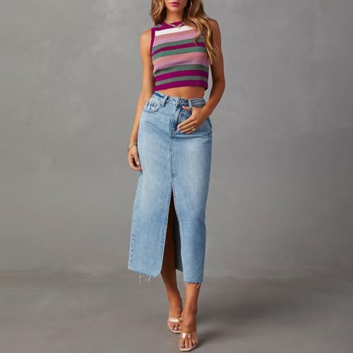 Women Casual High Waisted Denim Maxi Skirts Vintage Frayed Hem Split A-Line Long Jean Skirts with Pockets2