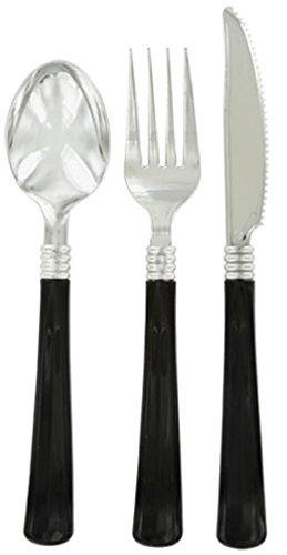 Plastic Flatware - Silver with Black Handles - 8 Place Settings - Cutlery - Disposable