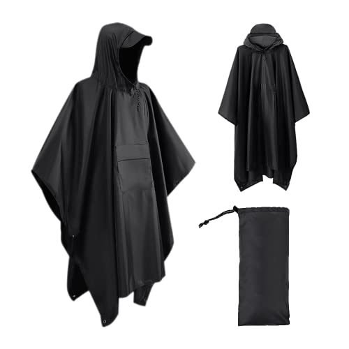 Udbrud Rain Poncho, 3 in 1 Waterproof 210T Oxford Raincoat, Poncho waterproof adult with Chest Pocket, Multifunctional Rain Cape suitable for Hiking Traveling Outdoor Activities, Black