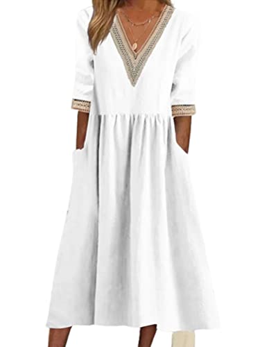 Onsoyours Robe Femme Été Lin Col en Rond Manches Courtes Ample Casual Midi Robe Tunique Blouse C Blanc S