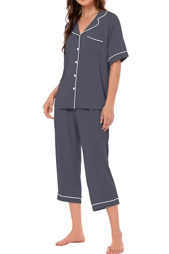 Image of LUBOT Womens Bamboo Viscose Pajamas for Women PJ Set 2 Piece Cooling Soft Short Sleeve Capri Pants Summer Sleepwear Set S-XXL