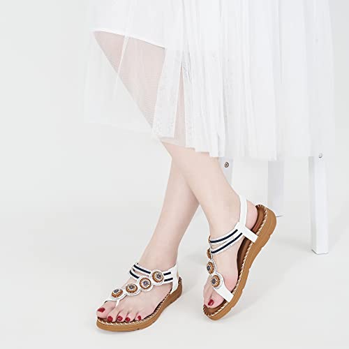 Harence Womens Sandals Comfortable Flats Shoes Summer Casual Elastic Ankle Strap Bohemian Beaded Flat Sandals For Women #TOP1