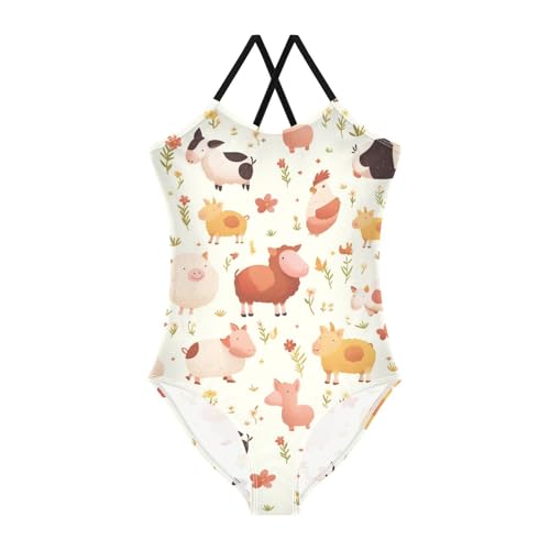 KLL Farm Animals Pattern Girls' 1-Piecing Swimsuit Summer Swimwear with Adjustable Straps Quick Dry
