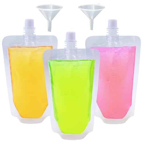Yelinosk 20PCS Clear Drink Pouches 380ml with Caps and Funnel for Festivals Leak Proof Alcohol Juice Liquid Pouches Bags Beverage Bags Plastic Hip Flask for Parties Picnic Travel Sports