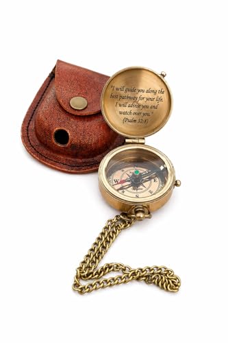 Brújula de bolsillo vintage de latón con grabado y funda de cuero miniatura 2