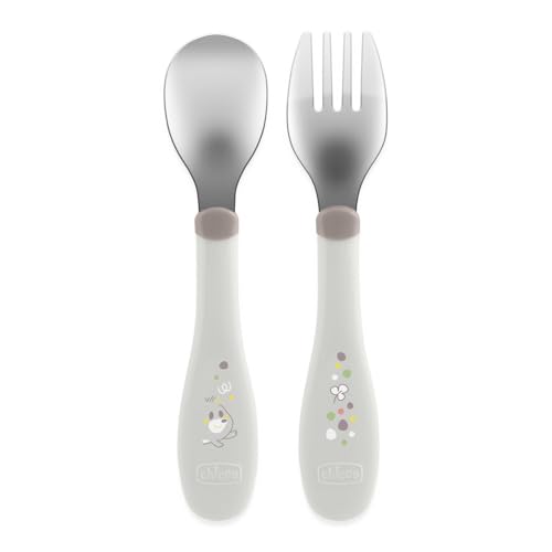 Chicco Couverts en Acier Inoxydable, Couverts Enfants, Set Bouillie, Fourchette et Cuillère pour Enfants, en Acier Inoxydable, Facile à Porter, Set Sevrage Première Bouffe, 2 Pièces, 18M+, Gris