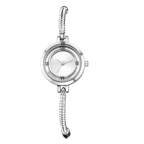 JewelryWe Damenuhr Kleine Diamant Uhr: Silber Glitzer Strass Analog Quarz Armbanduhr Damen Armkette Armreif Uhr mit Römischen Ziffern Zifferblatt und Verstellbarem Schmalem Metallarmband