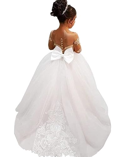 Laces Long Sleeve Flower Girls Dress Tulle Applique Pageant Dress Puffy Communion Gown TZ02