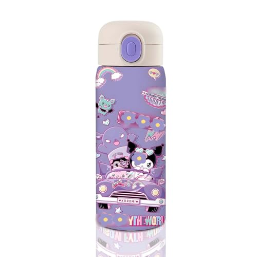Image of 13.5oz Anime Water Bottle with straw Cartoon Reusable Double Walled Vacuum Metal Insulated Mug with Carrying Handle for Girls 400ml (Purple)