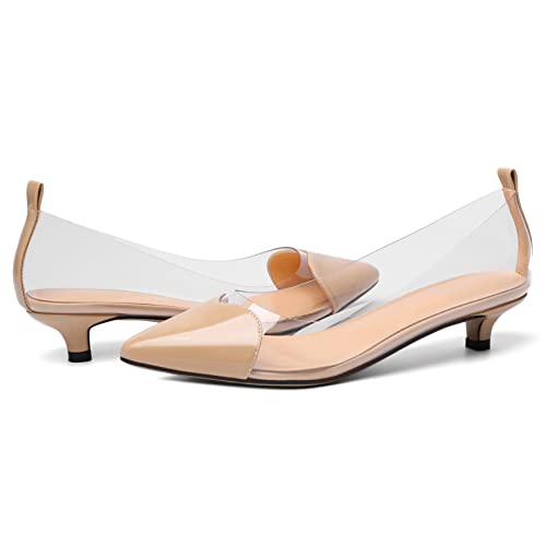 YODEKS Women Clear Heels Low Kitten Heel Pumps Slip On 1.5 Inch Pointed Cap Toe Dress Shoes4