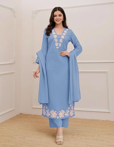 Image of ANNI Designer Pure Cotton Embroidered Kurta Set for Women | Rust Orange Kurta with Pants & Dupatta | Floral Neck & Hem Embroidery | Cotton Kurta Set for Women | 10 Colour Options Available