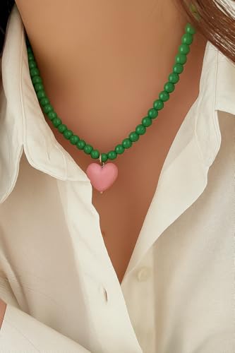 Heart Necklaces For Women, Green Beaded Pink Heart Pendant Choker Necklace Summer Y2K Cute Statement Trendy Dainty Non Tarnish Waterproof Jewelry Gift4