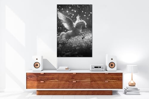 Cheval ailé deyoli tableau noir et blanc 90x60cm décoration fleurs
