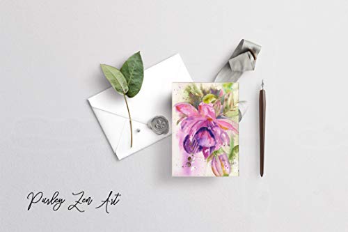 Pink Fuchsia All Occasion Note Cards: 4 Blank Artistic Summer Floral All Occasion Watercolor Cards, With Envelopes #TOP2