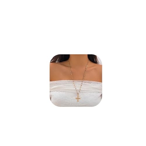 Colorful Bead Long Chest Chain Necklace Wedding Bridal Rhinestone Cross Pendant Back Chain Jewelry Crystal Y Choker Necklace for Women