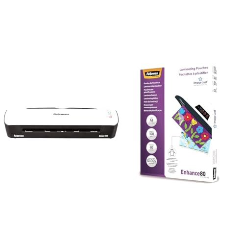 Fellowes Plastificadora Sola A4, para uso ocasional, 125 micras + 53061 Pack de 100 fundas para plastificar, brillo, formato A4, 80 micras