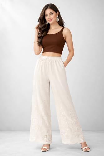 Image of Cotton Palazzo for Women's & Girl's - Chikankari Embroidered Palazzo Pants - High Waist Flared Palazzo with Elasticated Waist - Ethnic & Casual Wear (Off-White)