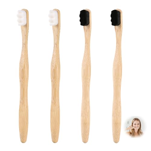 4 Cepillo de Dientes de Carbón de Bambú, Nano Cerdas Ultrasuaves Natural Ecológico Reutilizables Biodegradables 20000 Cerdas Diseñadas para Encías Sensibles Niños Adultos, Blancas y Negro