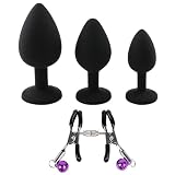 3Pcs Anal Sex Trainer Silicone Butt Plugs, Anal Sex Toys Kit Anal Beads with Nipple Clamp for Adult Women, Men and Couples (Black)