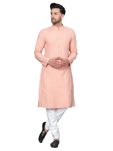 Image of LATEST CHIKAN Men's Cotton Regular Striped Knee Lenght Kurta Full Sleeves - Casual Ethnic Wear