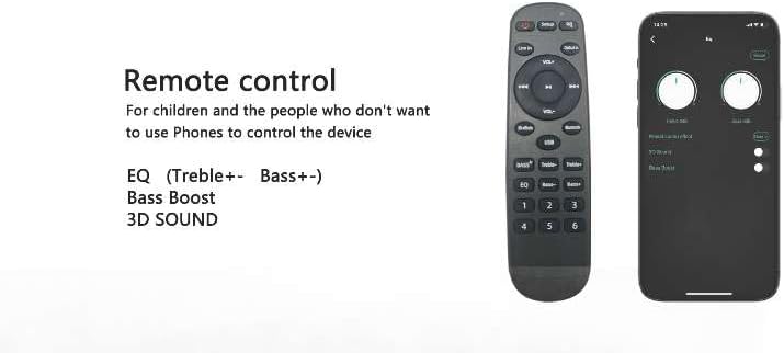 ACEMAX Audiocast Pro M20 remote control and a smartphone displaying app controls