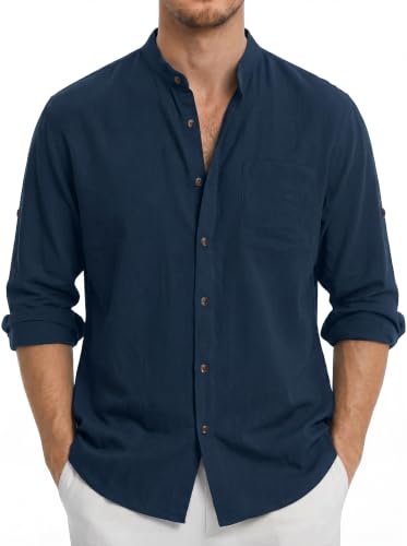 Enlision Chemise Homme Lin Bleu Foncé Manches Longues Col Mao Chemise Été Hommes Coton Leger Respirant et Décontractée pour La Plage Henley Shirt 2XL