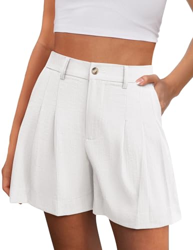 PRETTYGARDEN Womens Shorts Casual 2026 Summer Elastic High Waist Zipper Button Tailored Shorts Pleated Beach Vacation Clothes (White Large)