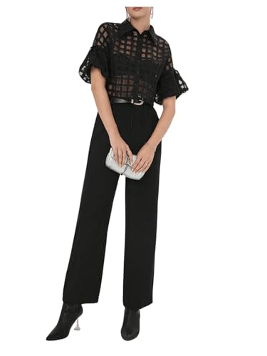 Floerns Women's Button Down Sheer Mesh Short Sleeve Collared Neck Crop Blouse Shirts4