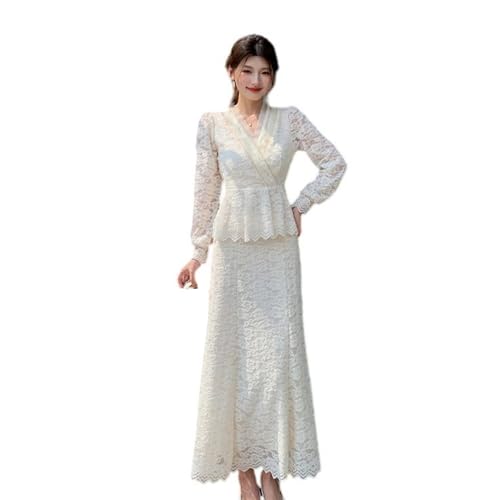 Ensemble vintage en dentelle brodée manches longues femme robe deux pièces