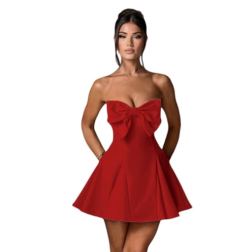Image of JUMISEE Women's Elegant Bow Strapless Homecoming Dress A Line Swing Tube Mini Dress Short Evening Party Prom Dress