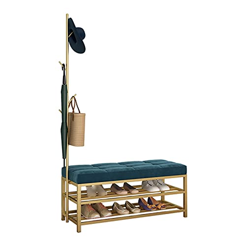 BBioss Perchero de pie para Ropa, Perchero de Metal Inoxidable con Banco, Ideal para recibidor, Dormitorio, Entrada, Oficina, para Guardar Ropa, Zapatos, Sombreros y Bolsos, fácil Montaje