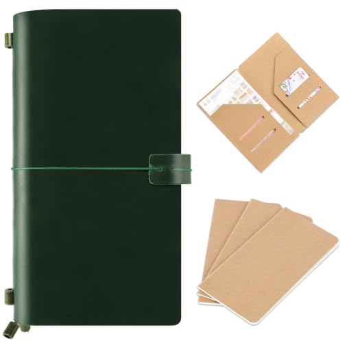 Ox Knight Refillable Leather Travelers Notebook 8.6 x 4.7 Travel Diary for Men and Women Genuine Leather Travel Journal with 3 Inserts Regular Travel Notebook for Writing Sketching & Planning Standard Size Green