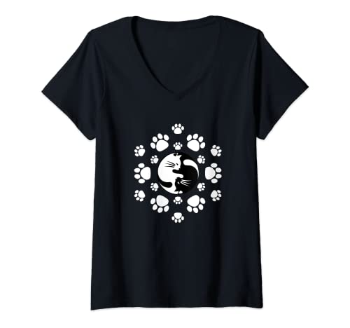 Femme Adorable chat de yoga Yin Yang avec imprimé mandala T-Shirt avec Col en V