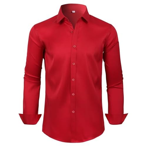 Mens Dress Shirts Long Sleeve Collared Shirt Wrinkle Resistant Formal Shirts Business Casual Button Down Shirt Small 00105_red