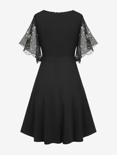Image of Rosegal Plus Size Women Sparkly Star Print Cocktail Dress with Pocket | Bridesmaid,wedding guest,semi formal dress,knee length,butterfly sleeves,functional pockets,versatile occasion wear