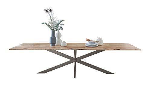 SAM Baumkantentisch 300 x 100 cm Kalea, Akazienholz naturfarben & massiv, Esstisch mit silbernem Spider-Metallgestell, Tischplatte 26 mm, Esszimmertisch, Industrial-Design