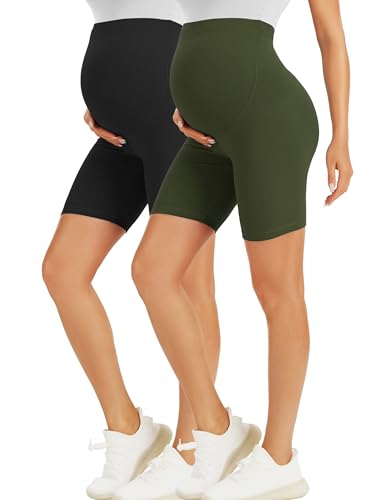 BONVIGOR Short de maternité au-dessus du ventre, pantalon court pour motard, entraînement, yoga, sport, grossesse, pyjama de détente, Lot de 2 - noir/vert olive, L