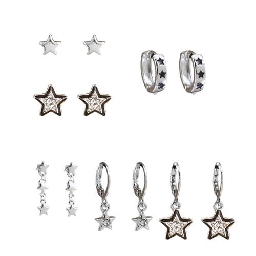 6 Pairs Small Y2K Earrings for Women Simple Vintage Silver Stud Earrings Rhinestone Zircon Cross Star Moon Pin Earrings Set Vintage Cartilage Y2K Stud Earrings Jewelry Set
