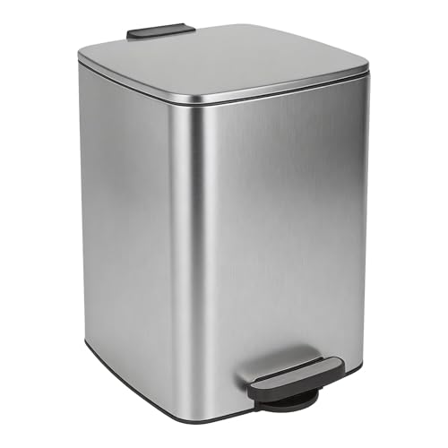 Harbour Housewares 20L Square Stainless Steel Pedal Bin – Brushed Soft Close Kitchen Trash Can with Foot Pedal, Removable Inner Bucket, Hands Free Rubbish Bin for Home, Office, Utility Room