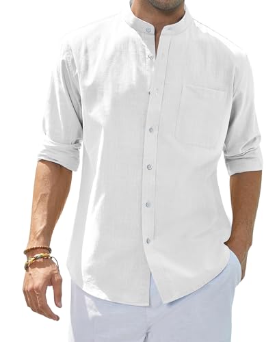 siliteelon Herren Hemd Leinenhemd Langarm Stehkragen Leinenshirt Hemden Herren Freizeithemd Casual Regular Fit Sommer Standhemd
