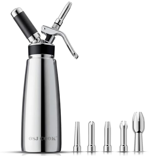 OSJCOOK Whipped Cream Dispenser Stainless Steel Cream Whipper Mirror Finish,500 mL/1 Pint Professional Cream Maker,5 Various Stainless Decorating Nozzles,1 Cleaning Brush,N2O Chargers NOT included