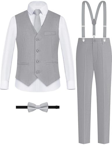 Image of Boys Suit Vest Set 4 Pieces Slim Fit Kids Light Gray Formal Vest and Pants Set for Wedding Ring Bearer, Easter, First Communion, Confirmation, Graduation Toddler Boys Size 3