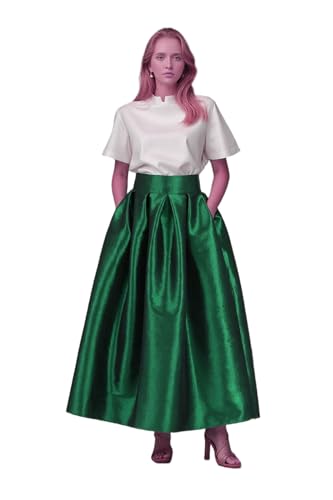 Women's Long Fashion High Waist A-Line Floor Length Taffeta Skirts with Pockets