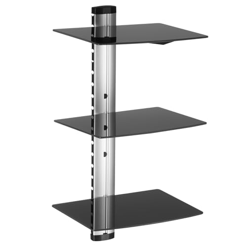 tectake® TV Wandregal, schwebendes Regal, 3X Sicherheitsglas Regalbrett für DVD Player, Receiver, Beamer Halterung, Wandboard 80 x 42 x 34 cm, Wand Regal mit integrierter Kabelführung