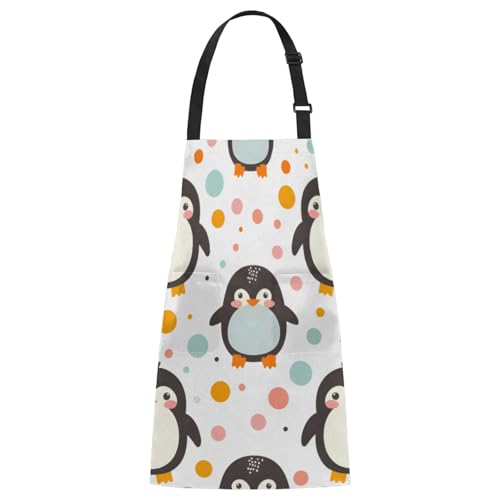 Aglebo Penguin Colored Dots Chef Apron with Pockets Adjustable Shoulder Strap Waterproof Cooking Apron for Kitchen Baking Gardening Pottery Painting