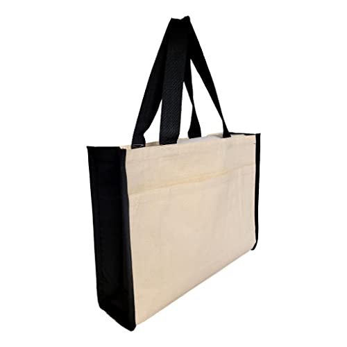 Sona G Designs 17" Two Tone Cotton Canvas Shopping Tote Bag W/Large Front Pocket Pool Beach Travel Tote Bag Eco-Friendly- Custom Personalization Available (Natural/Black - Traditional Monogram) #TOP1