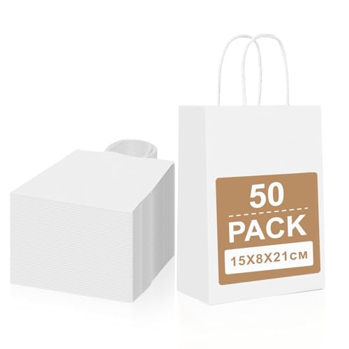 Gucass 50 Pcs Petit Sac en Papier Kraft avec Poignée, Blanc Sac Cadeau 15x8x21cm, Pochette Papier Sacs Cadeaux, Sachet Kraft pour Fête Noël Mariage Anniversaire