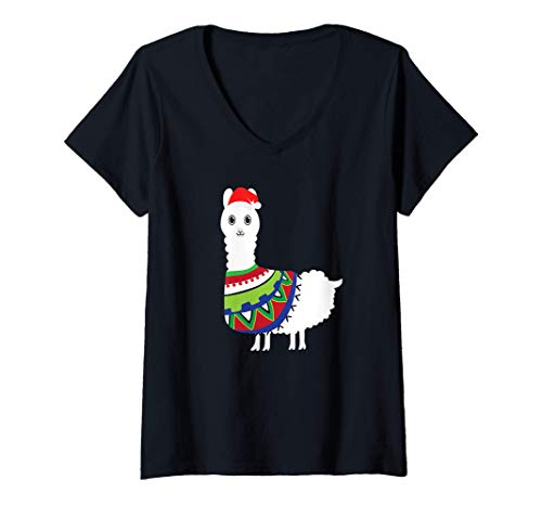 Donna Llama With Santa Claus Hat Christmas Holiday Maglietta con Collo a V